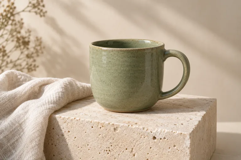AI-generated sample product photo of a sage ceramic cup on a stone plinth