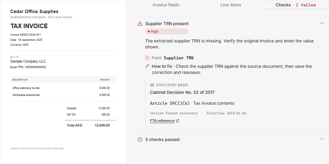 TaxCorp invoice detail showing a synthetic source document beside a supplier TRN finding and statutory reference